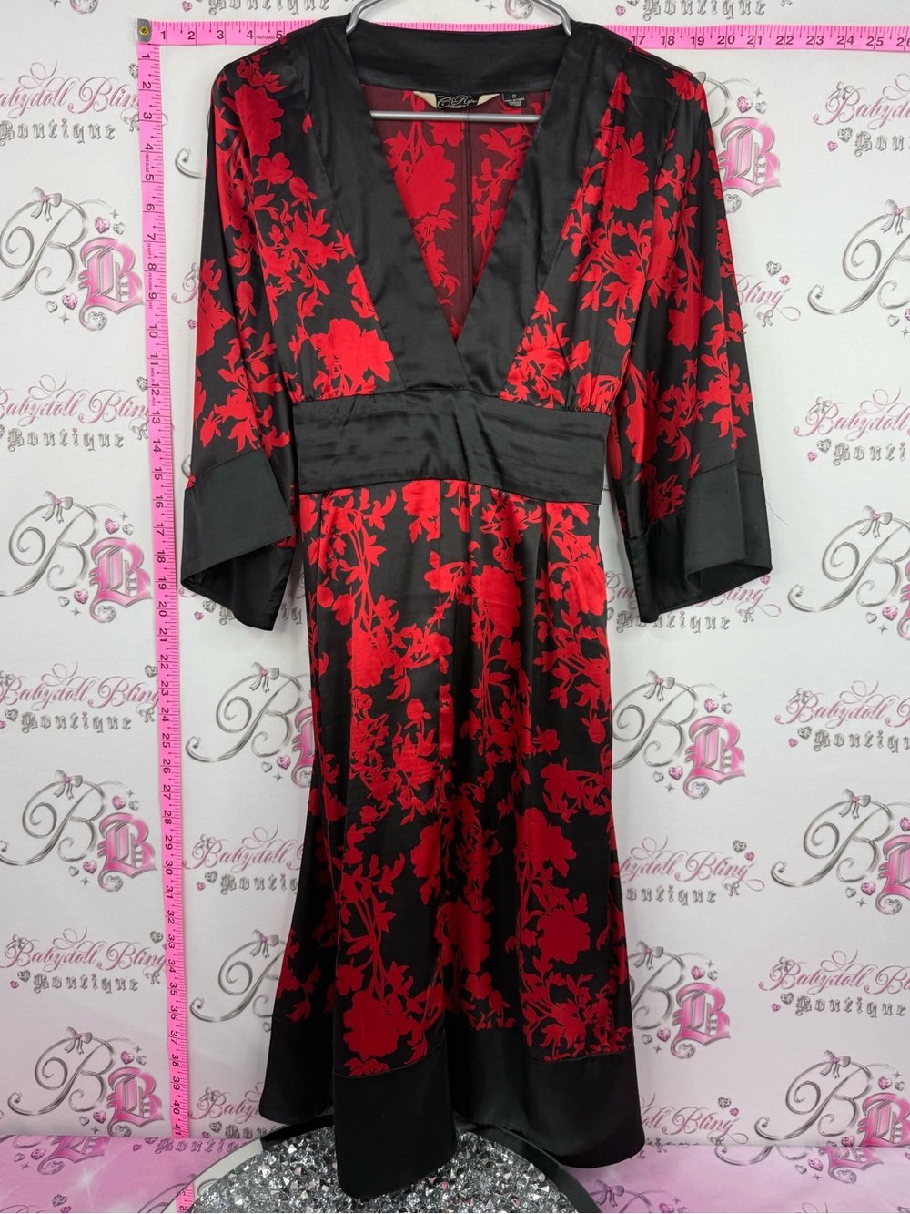 Ripe collection dress oriental style shiny Black & Red Floral Satin Midi Dress